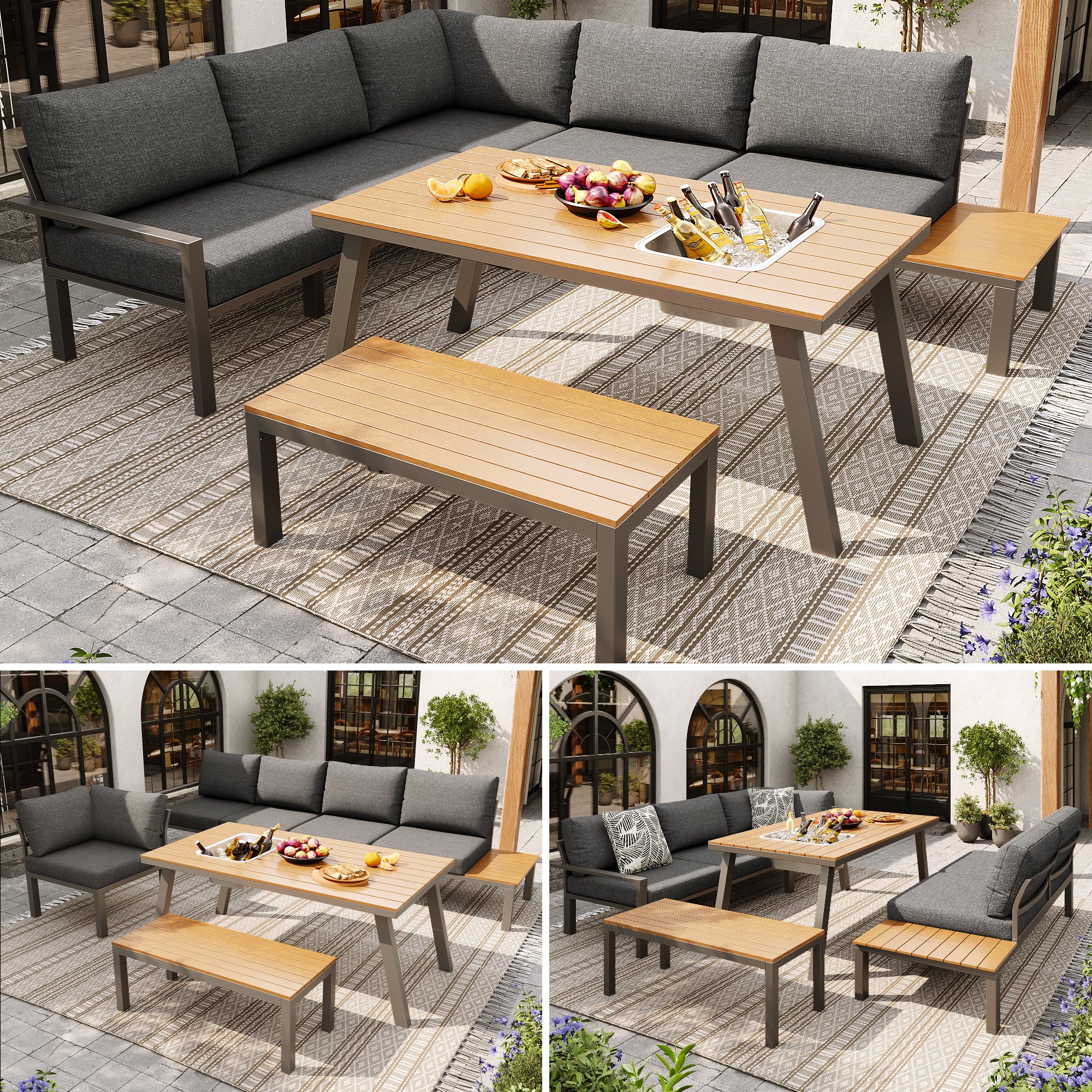 Outdoor garden lounge furniture set for 6-7 people, for garden, balcony, terrace, all-weather seating set, modern garden furniture set, galvanised iron frame, table top with ice bucket, grey