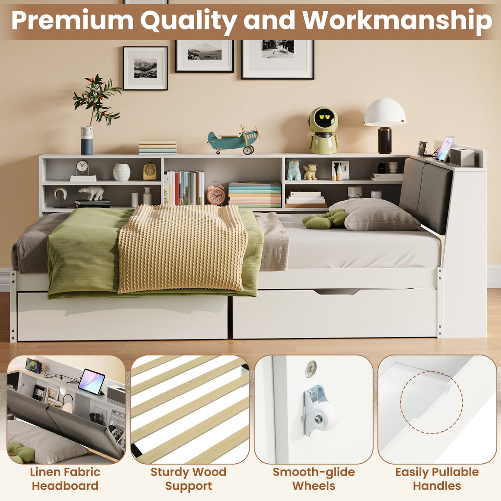 3ft Single L-Shape Daybed with Two Storage Drawers and Bookcase Storage, Linen Concealed Headboard Storage with Charging Station, Wood Bed for Living Room/ Bedroom/ Study Room, White (No Mattress)