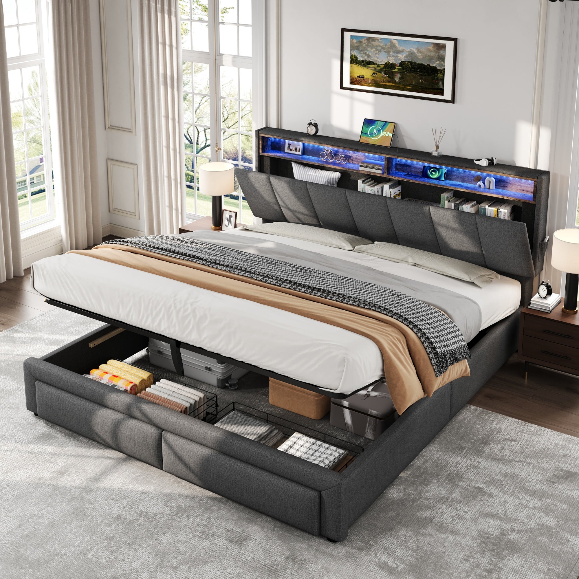 5ft King Upholstered Bed Frame with Hydraulic and Drawers Storage, LED Adjustable Headboard with Charging Station and Concealed Headboard Storage, Linen, No Box Spring Needed, Grey (No Mattress)