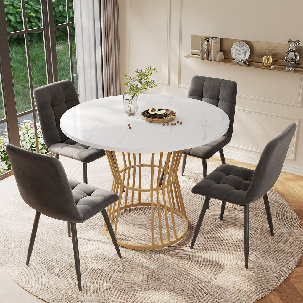 Dining table set (5-piece), dining table set with 4 chairs, kitchen table set, round dining table with 100 cm diameter and golden metal legs, white MDF table top, gray velvet dining chairs