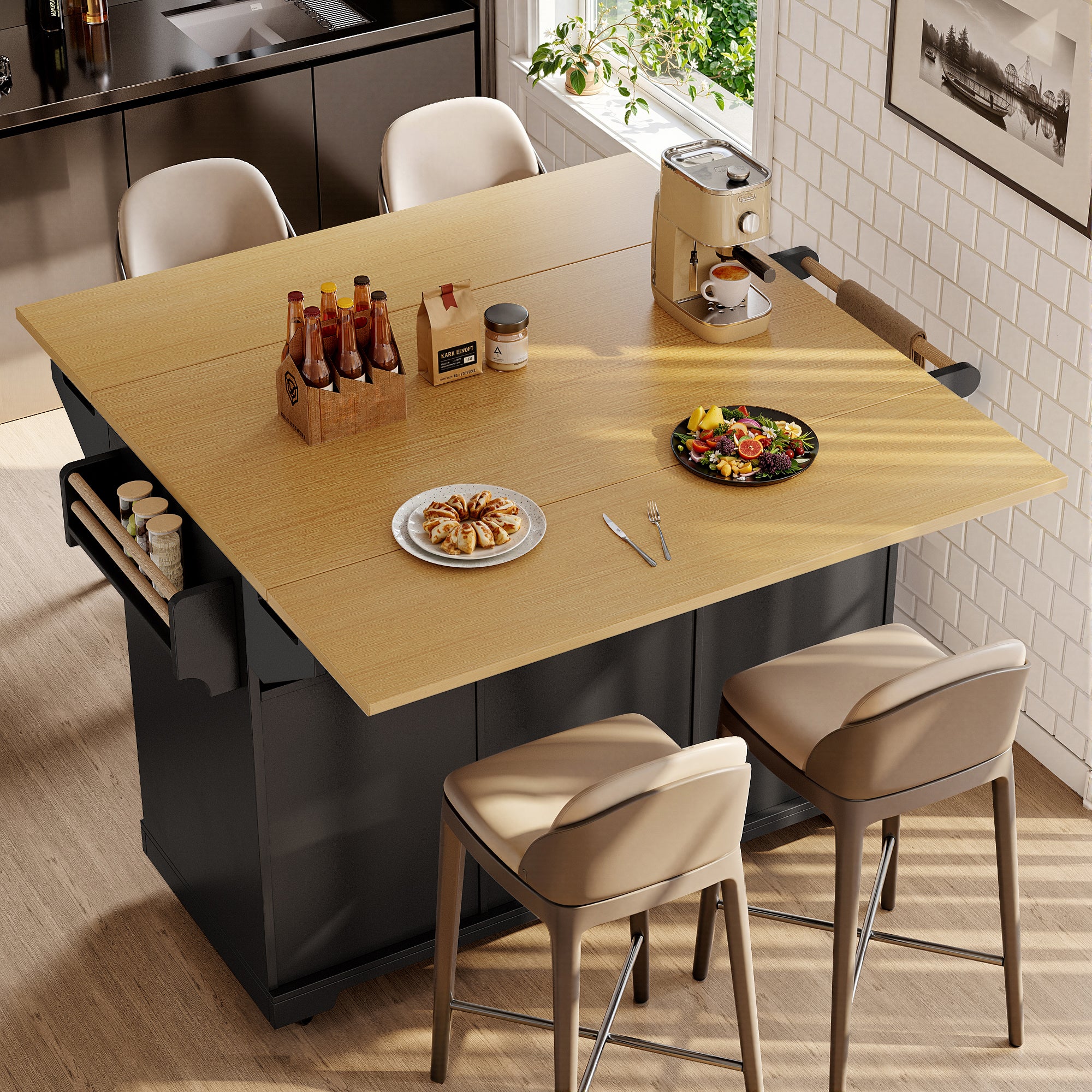 Kitchen island, cabinet, sideboard 120 x 40 (80) x 95 cm, extendable kitchen trolley with casters, extendable on both sides, with towel rail and spice rack, two doors, three drawers, black/white