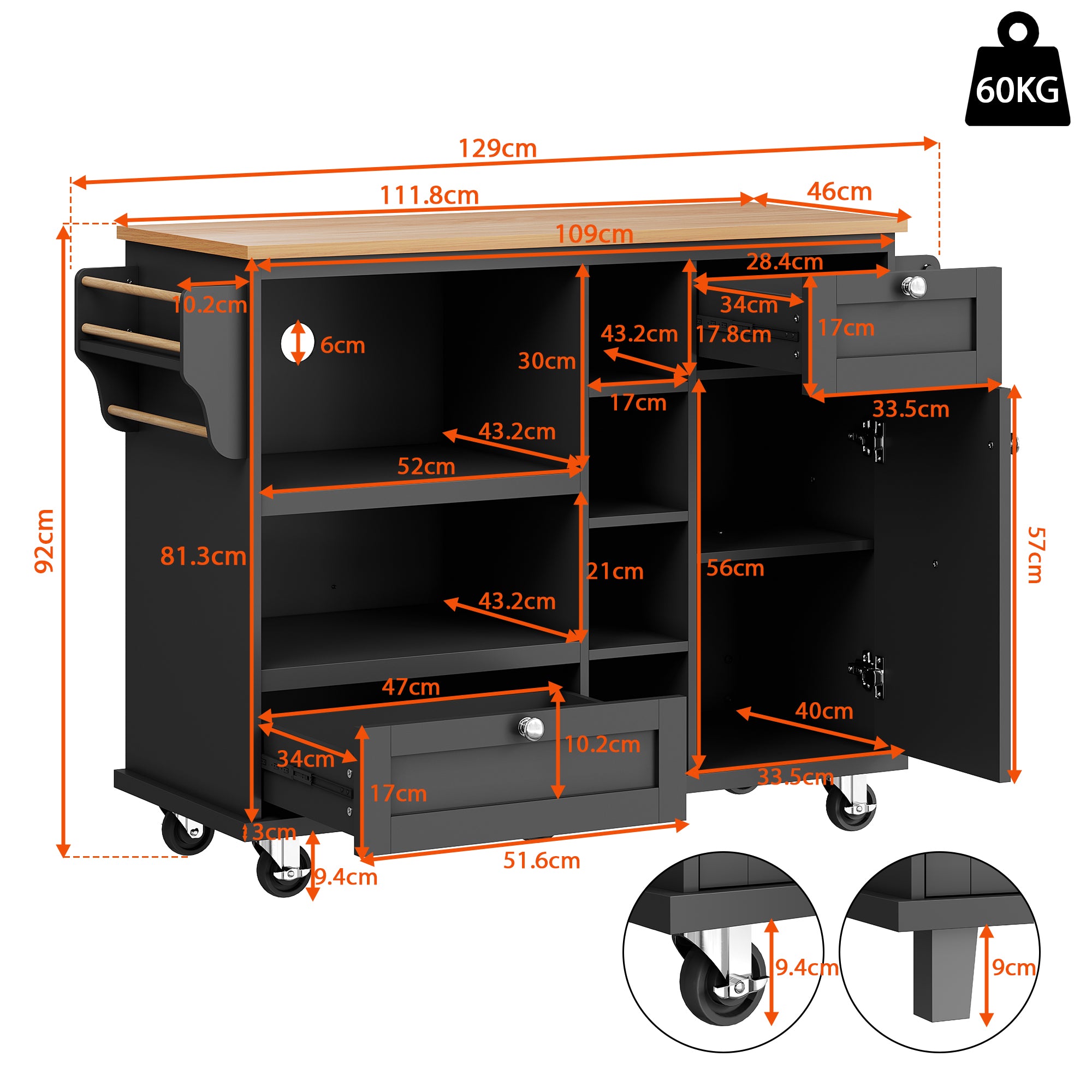 Dining trolley (129 x 46 x 92 cm), modern and simple black mobile kitchen dining trolley with drawers and storage cupboards, light brown wooden worktop, suitable for modern families, black