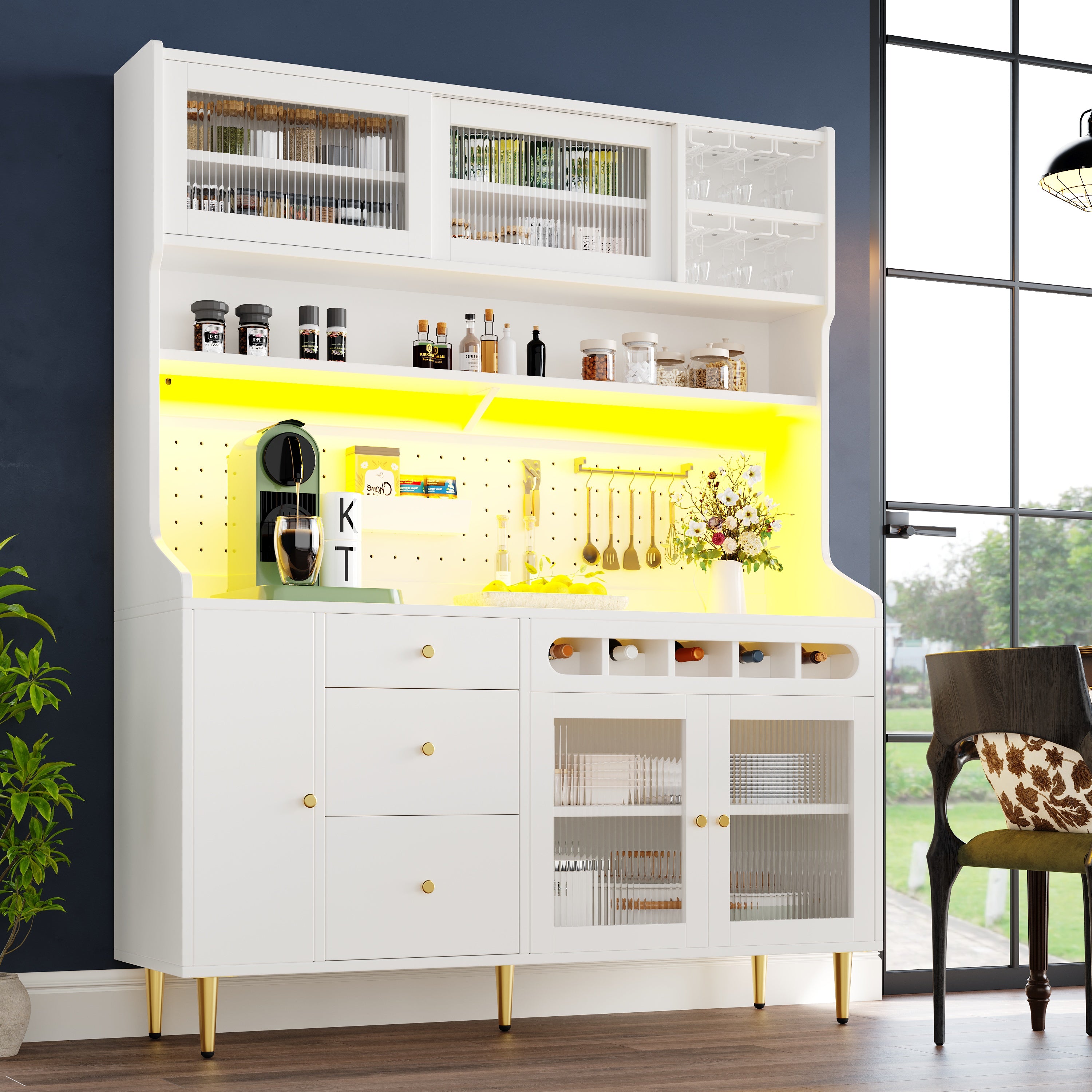 Highboard with Adjustable Shelves & LED Lights, Freestanding Storage Unit for Living Room Kitchen Dining, Tall cabinet with wine rack, Dimensions 145x39x171cm, White