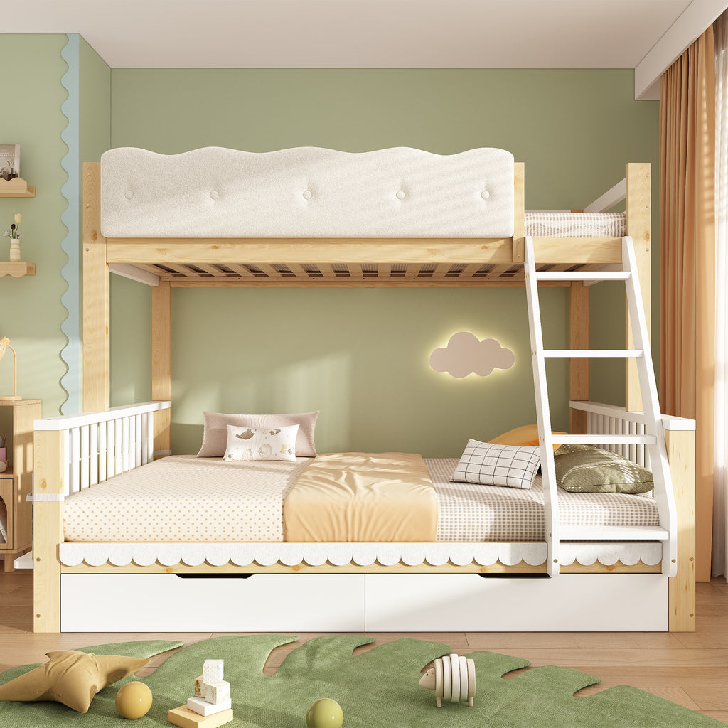 Bunk Beds for Kids, Children's Bunk Bed with Drawers and Side Bookshelf, Double Bunk Bed for Family with Multiple Children, (90+135) x 190 cm, Solid Wood, White & Nature