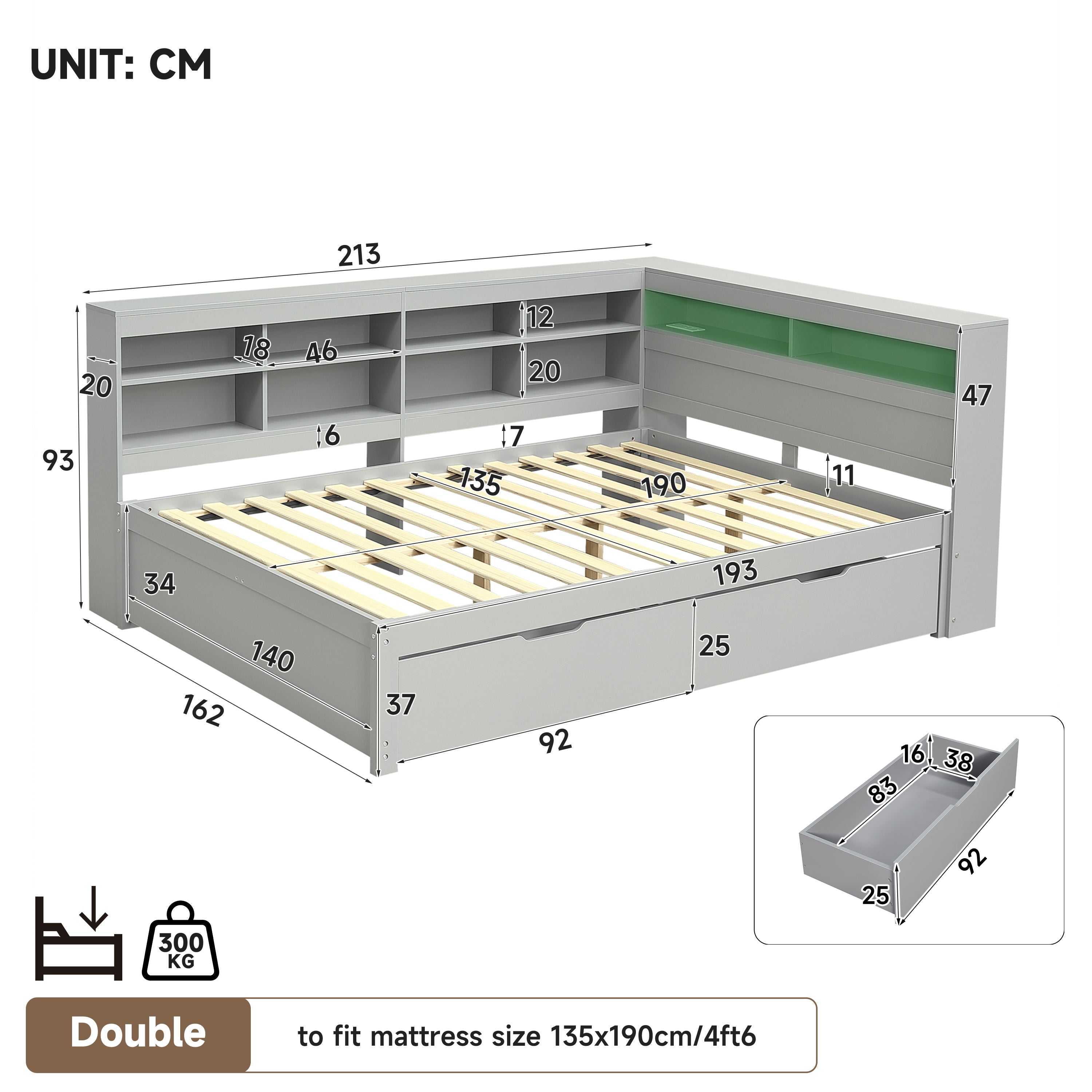 4ft6 Double Daybed with Two Storage Drawers and Beside Storage, LED Modern Bed frame with Charging Station, Wood Bed for Living Room/ Bedroom/ Study Room, 135X190cm, Easy Assembly, Grey (No Mattress)