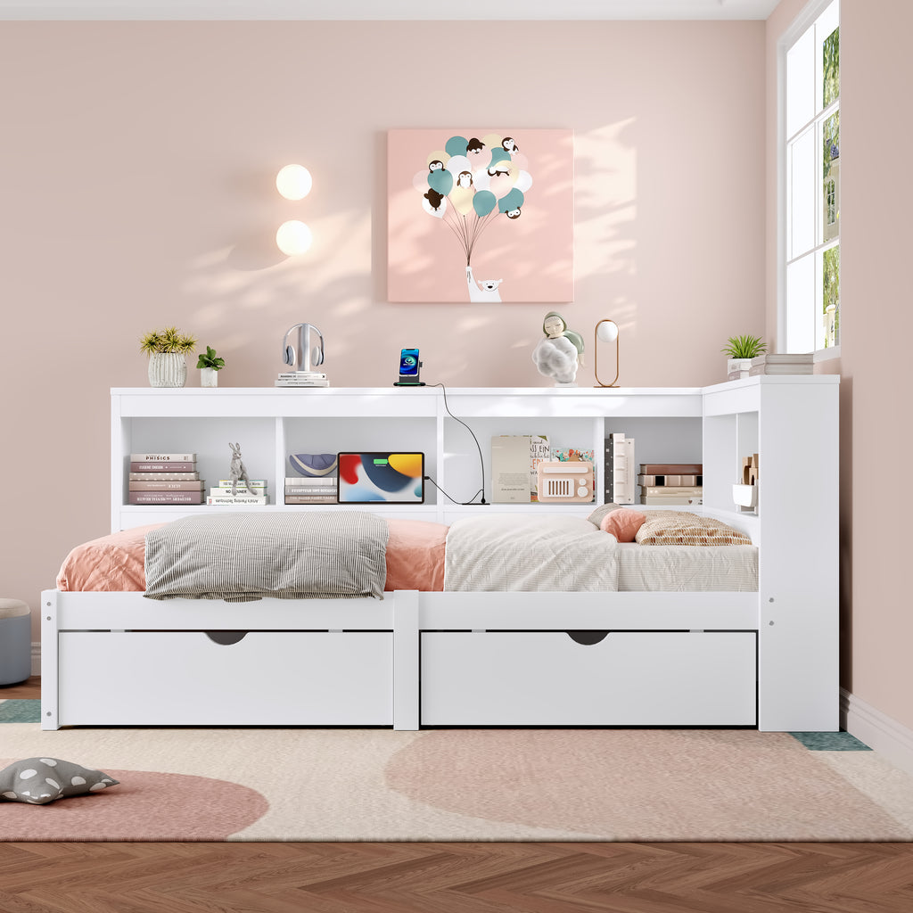 3ft Single L-Shape Daybed with Two Storage Drawers and Bookcase Storage, Modern Bed Frame with Charging Station, Wood Bed for Living Room/ Bedroom/ Study Room, 90X190cm, White (No Mattress)