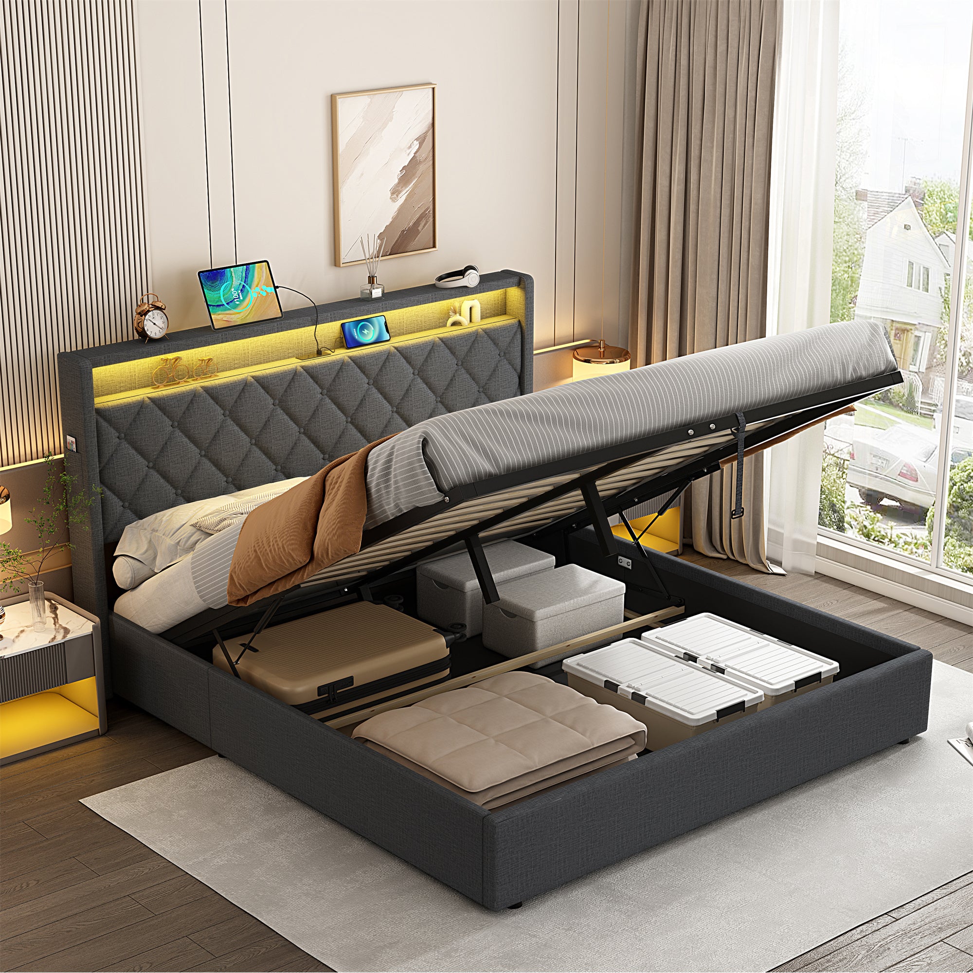 4ft6 Double Upholstered Bed Frame with Hydraulic Storage, Linen Ottoman Bed with LED Lighting, Button Tufted Storage Headboard with Charging Station, No Box Spring Needed, Grey (No Mattress)