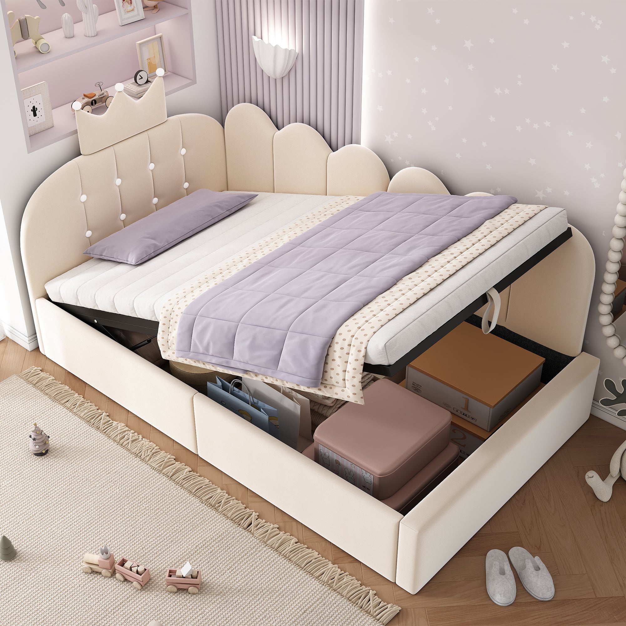 Upholstered Daybed with Hydraulic Storage, 3FT Single Sofa Bed 90 x 190 cm, Crown-shaped Bed Guest Beds for Adults & Children, Velvet, Beige (No Mattress)