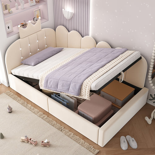 Upholstered Daybed with Hydraulic Storage, 3FT Single Sofa Bed 90 x 190 cm, Crown-shaped Bed Guest Beds for Adults & Children, Velvet, Beige (No Mattress)