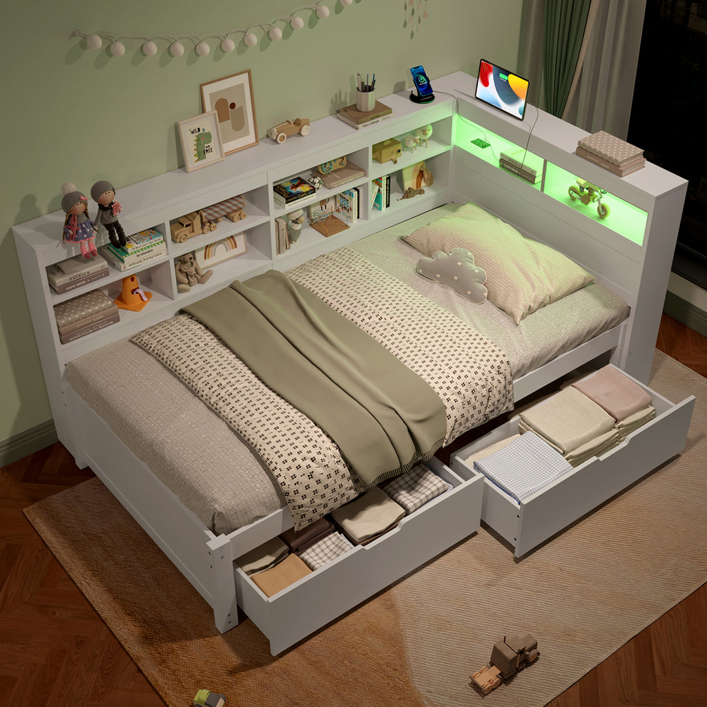 3ft Single Daybed with Two Storage Drawers and Beside Storage, LED Modern Bed frame with Charging Station, Wood Bed for Living Room/ Bedroom/ Study Room, 90X190cm, Easy Assembly, White (No Mattress)