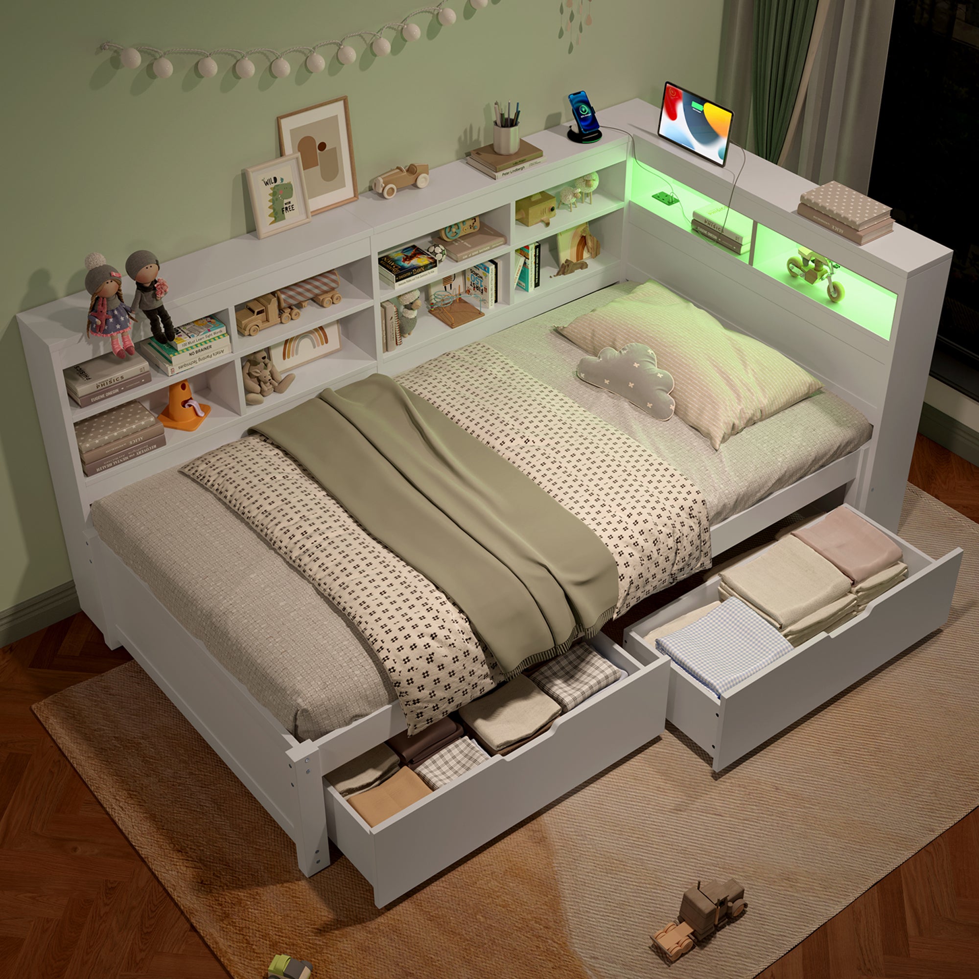 3ft Single Daybed with Two Storage Drawers and Beside Storage, LED Modern Bed frame with Charging Station, Wood Bed for Living Room/ Bedroom/ Study Room, 90X190cm, Easy Assembly, White (No Mattress)