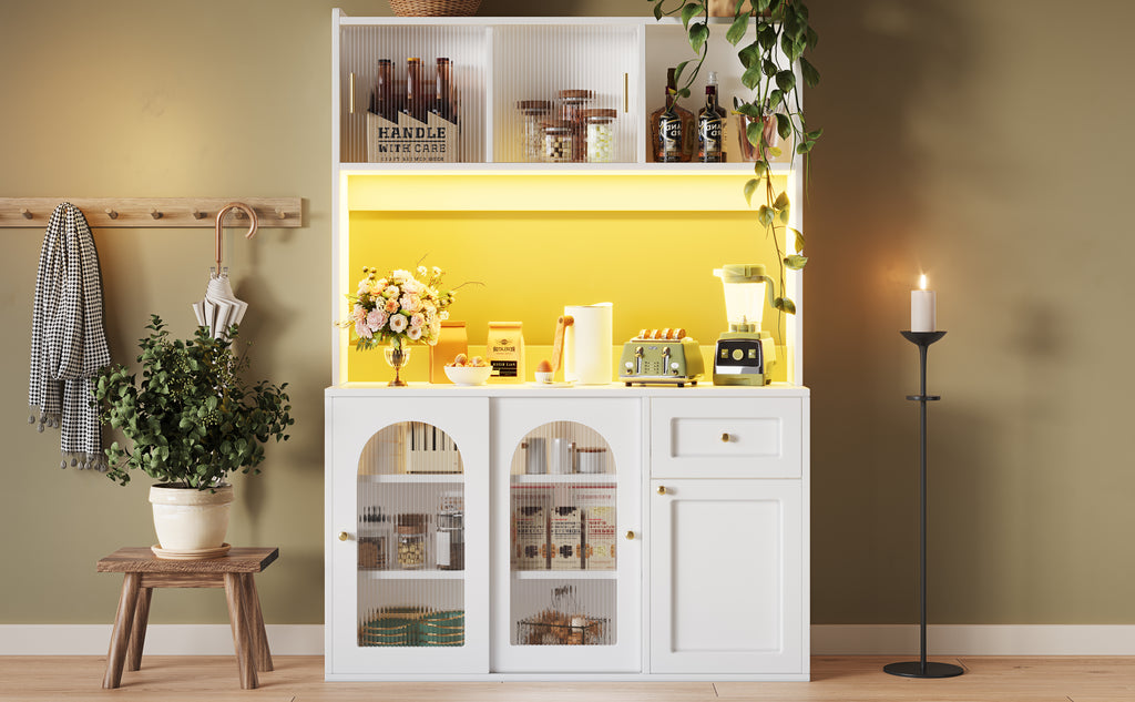 Kitchen Cabinet(120*35*167cm), Tall Cabinet, Display Cabinet, Buffet Cabinet with Adjustable Shelves, Dining Room Cabinet, Sideboard with LED Lighting, White/Black