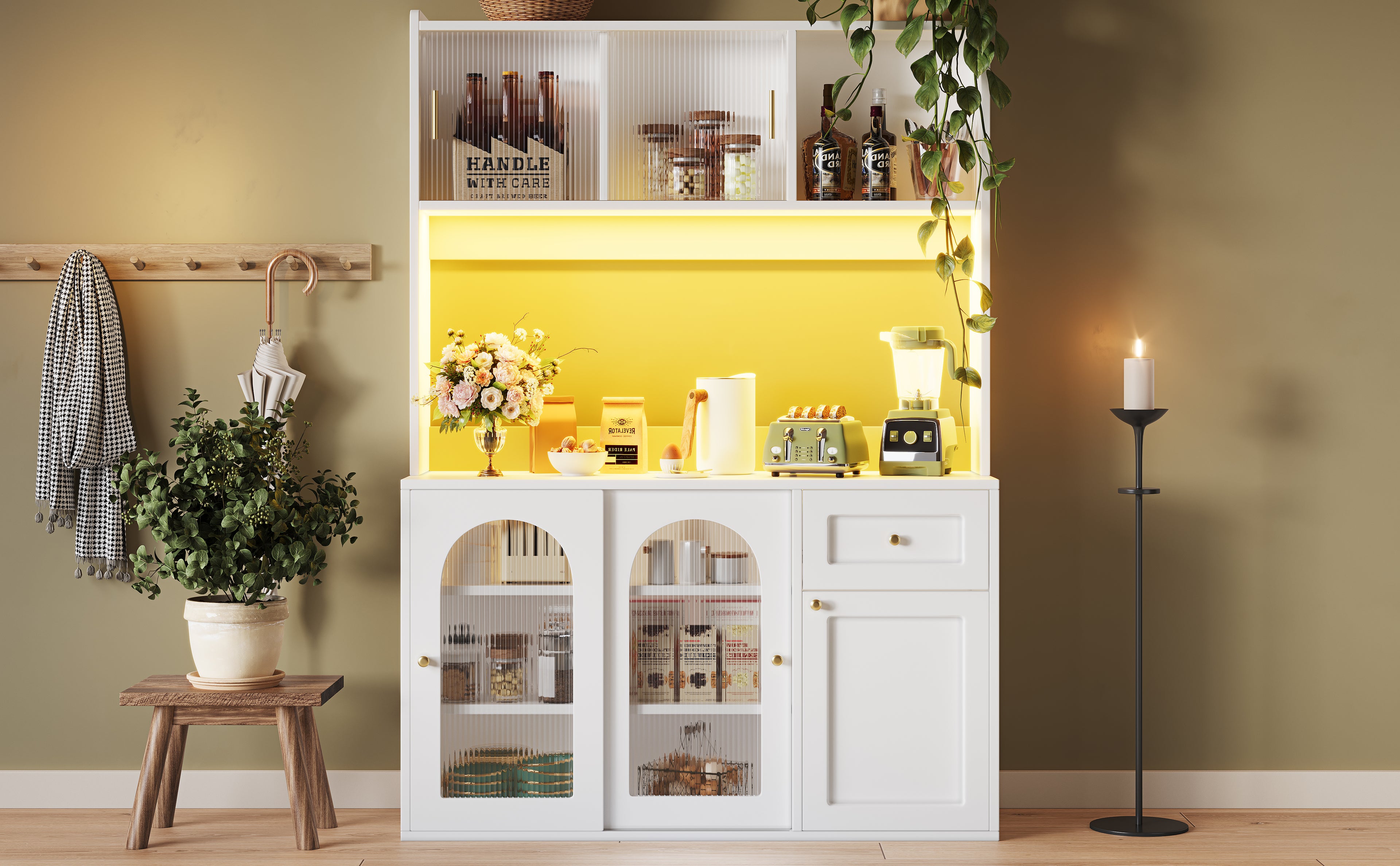 Kitchen Cabinet(120*35*167cm), Tall Cabinet, Display Cabinet, Buffet Cabinet with Adjustable Shelves, Dining Room Cabinet, Sideboard with LED Lighting, White/Black