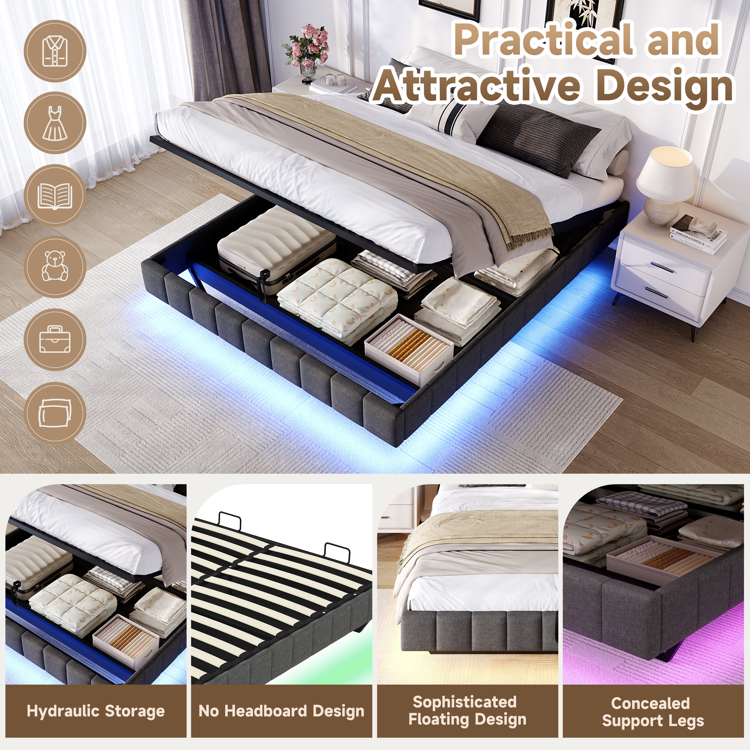 4ft6 Double Floating Bed Frame with Hydraulic Under-bed Storage & Smart RGB LED Lights, No Headboard Upholstered Bed with Concealed Anti-Collision Leg, Linen Fabric, Grey (No Mattress)