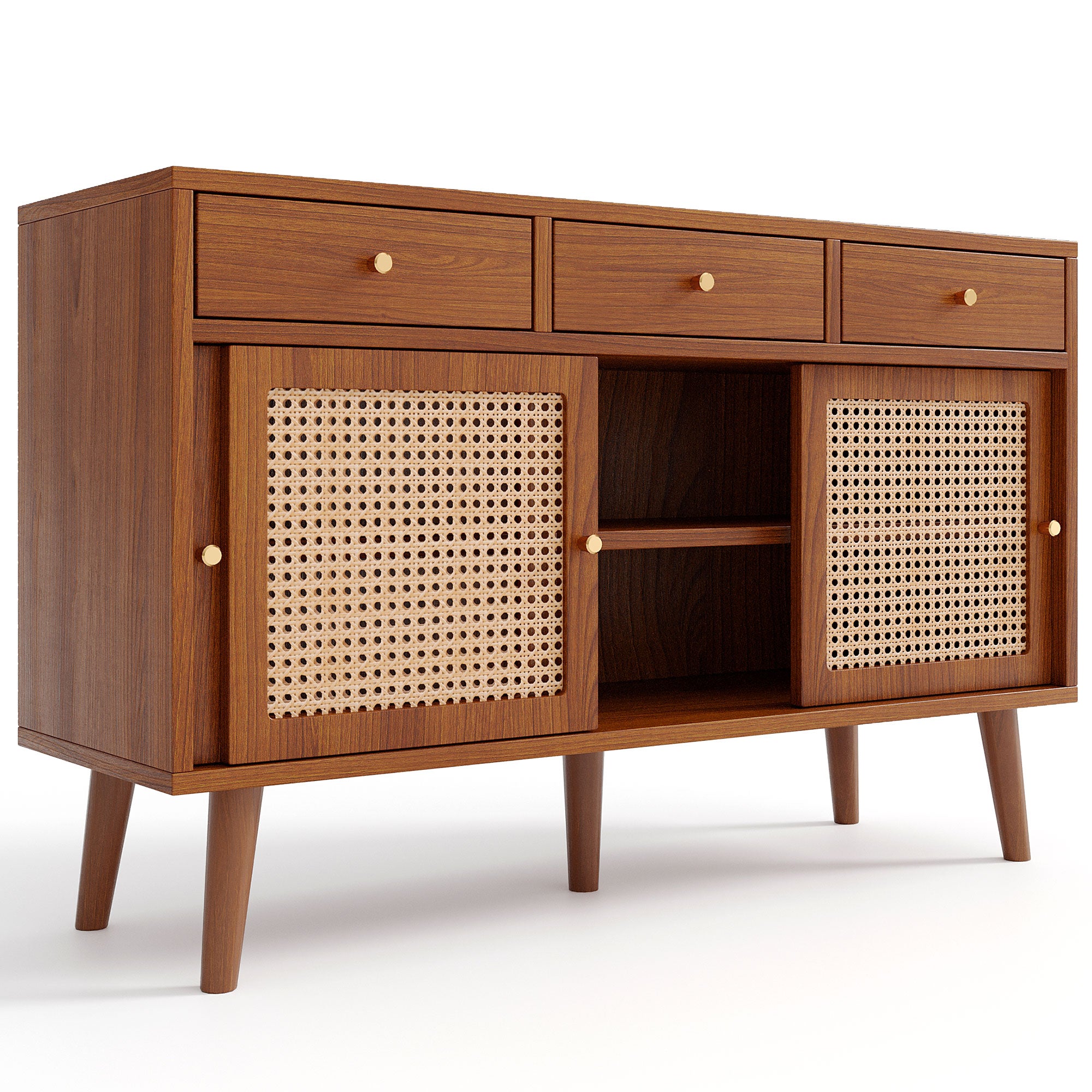 Modern sideboard 120*40*78cm, rattan door design, with 3 drawers and storage compartments, retro wooden sideboard, suitable for dining room and living room