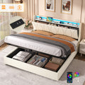 5ft King Upholstered Bed Frame with Hydraulic Storage, LED Headboard with Charging Station and Concealed Headboard Storage, USB and Type - C Ports, Linen, No Box Spring Needed, Beige (No Mattress)