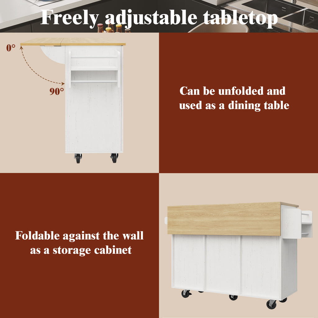 Modern kitchen island, kitchen cabinet, buffet cabinet, dining cart with wood grain, dining table with storage space, dining cart with snack shelves and stretch function cabinets, white