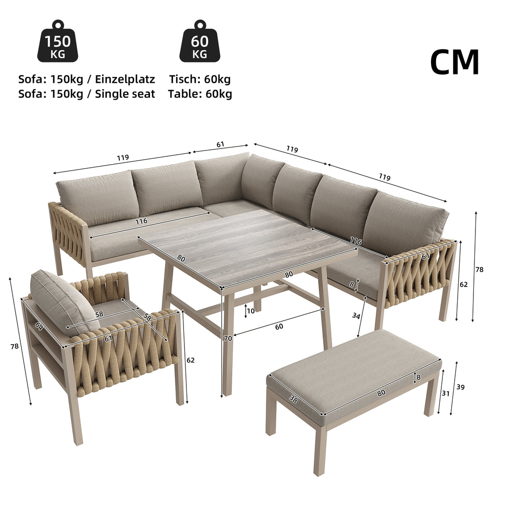 Garden furniture set, rope-weave outdoor sofa set with galvanized steel frame, adjustable legs, L-shaped sofa, tempered glass table top, includes all seat and back cushions, beige