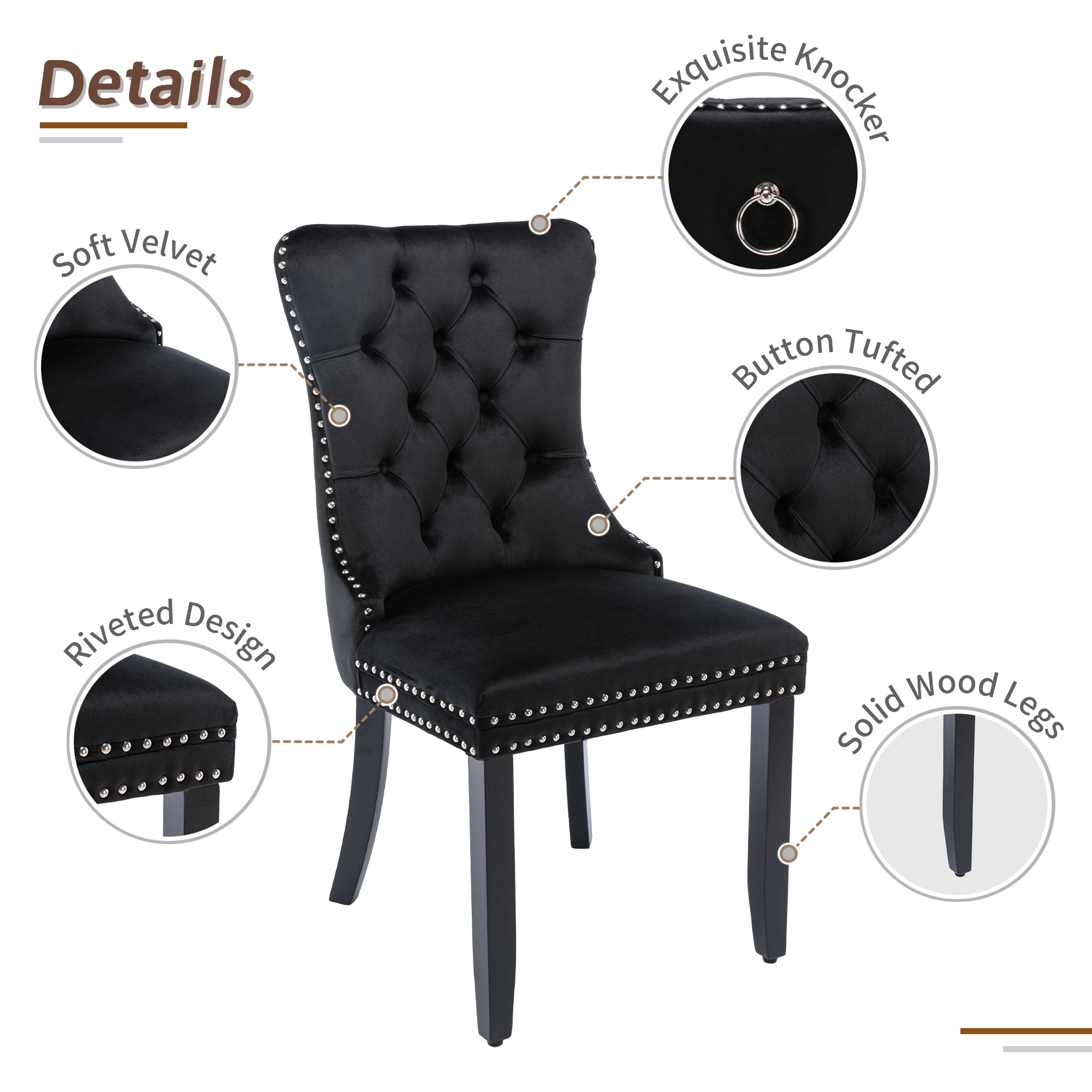 Modern Set of 2 Upholstered Velvet Dining Chairs, Button Tufted Kitchen Lounge Chairs with Solid Wood Legs, Riveted Trim and Knocker Ring, for Dining Room Living Room, Black