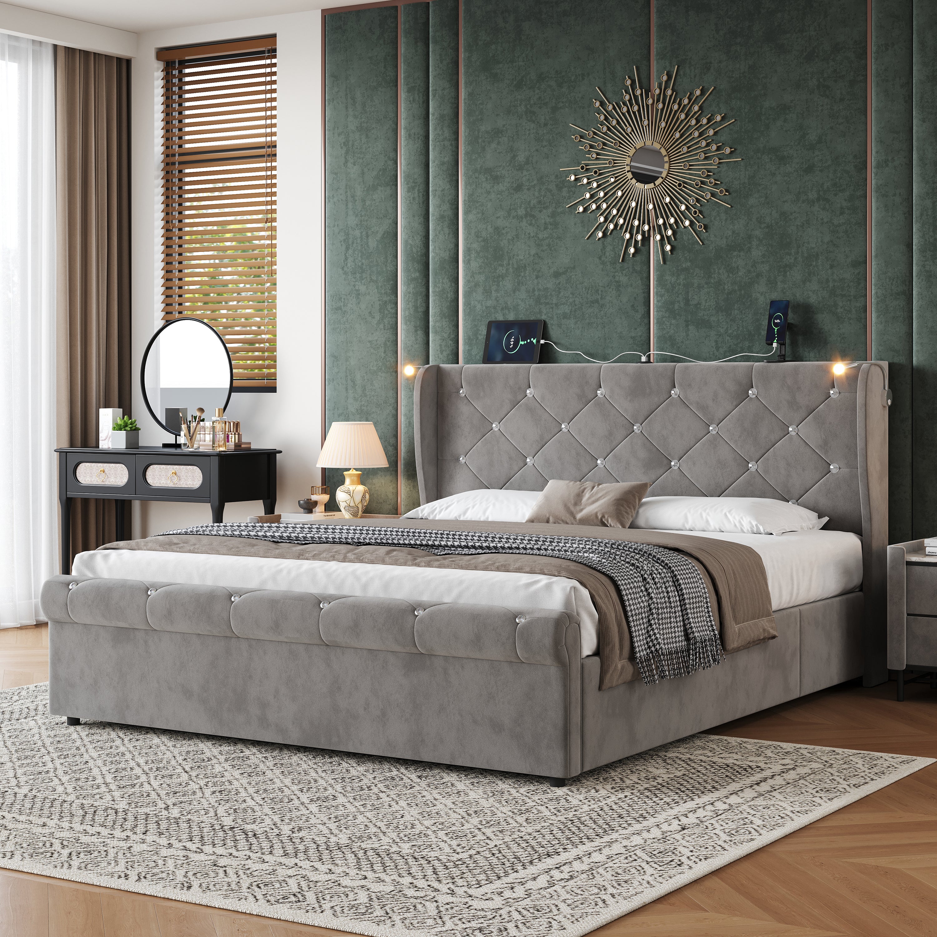 4ft6 Double Upholstered Bed Frame with Hydraulic Storage,  Diamond Tufted Headboard with Charging Station and Reading Light, USB and Type - C Ports, Velvet, Grey (No Mattress)