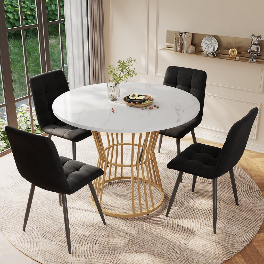 Dining table set (5-piece), dining table set with 4 chairs, kitchen table set, round dining table with 100 cm diameter and golden metal legs, white MDF table top, black velvet dining chairs