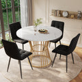 Dining table set (5-piece), dining table set with 4 chairs, kitchen table set, round dining table with 100 cm diameter and golden metal legs, white MDF table top, black velvet dining chairs