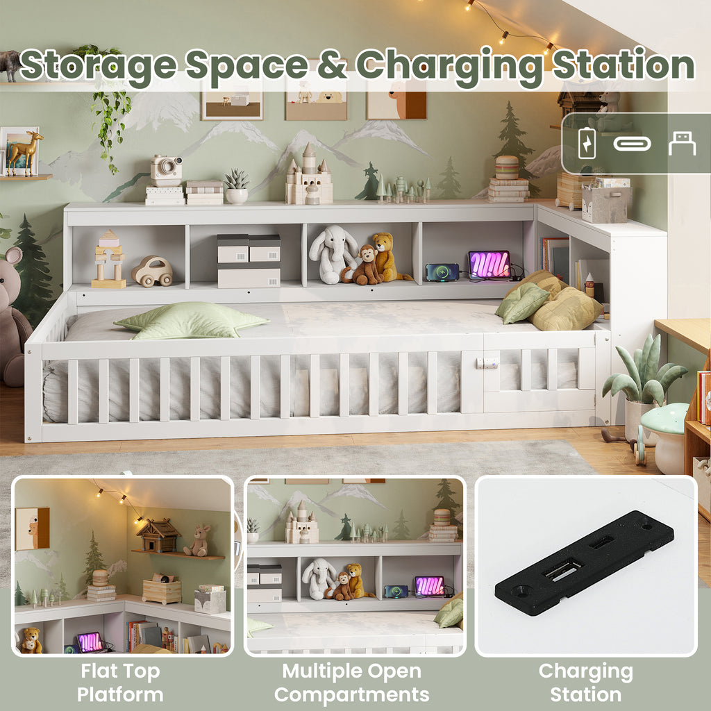 3ft Single Floor Bed Frame with Beside Bookcase and Storage Shelves, Full Floor Bed Frame with Guardrails and Door for Bedroom, USB and Type - C Ports, White (No Mattress)