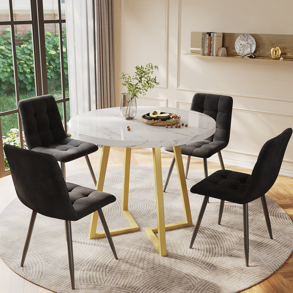 Dining Table Set (5 Pieces), Dining Table Set with 4 Chairs, Modern Kitchen Table Set, 80 cm Diameter Round Kitchen Table with Gold Metal Legs, White MDF Table Top, Black Velvet Dining Chairs