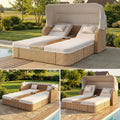 Outdoor Wicker Double Chaise Lounge with Adjustable Canopy, 5-Position Reclining Backrests, Built-in Cup Holders, for Patio & Poolside