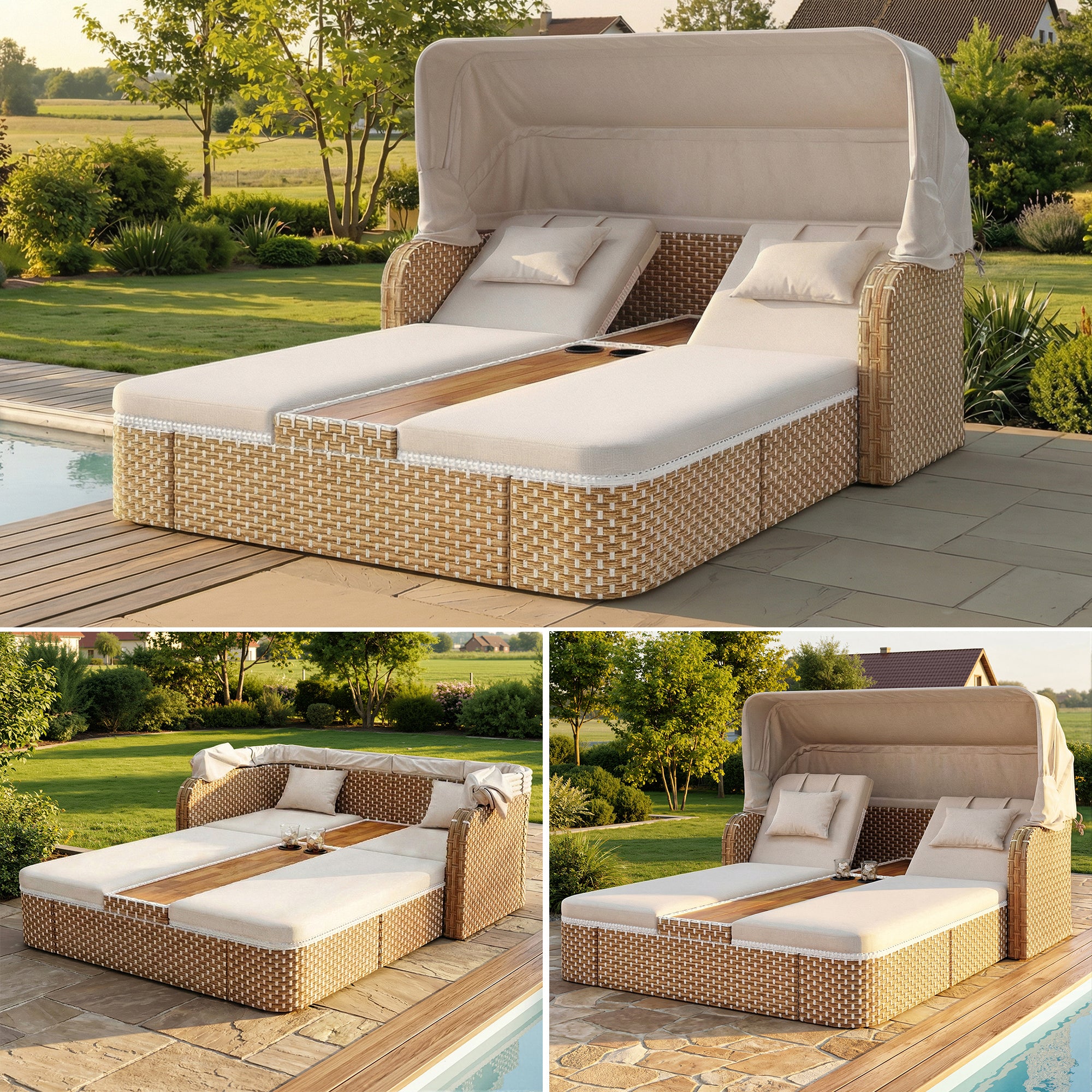 Outdoor Wicker Double Chaise Lounge with Adjustable Canopy, 5-Position Reclining Backrests, Built-in Cup Holders, for Patio & Poolside