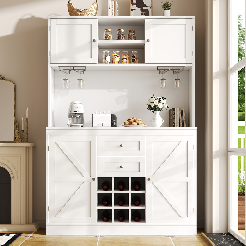 Kitchen Cabinet with Adjustable Shelves & Wine Rack, Tall Kitchen Cabinet with 4 Doors & 2 Drawers, Sideboard for Kitchen & Living Room, Buffet Cabinet, White/Balck