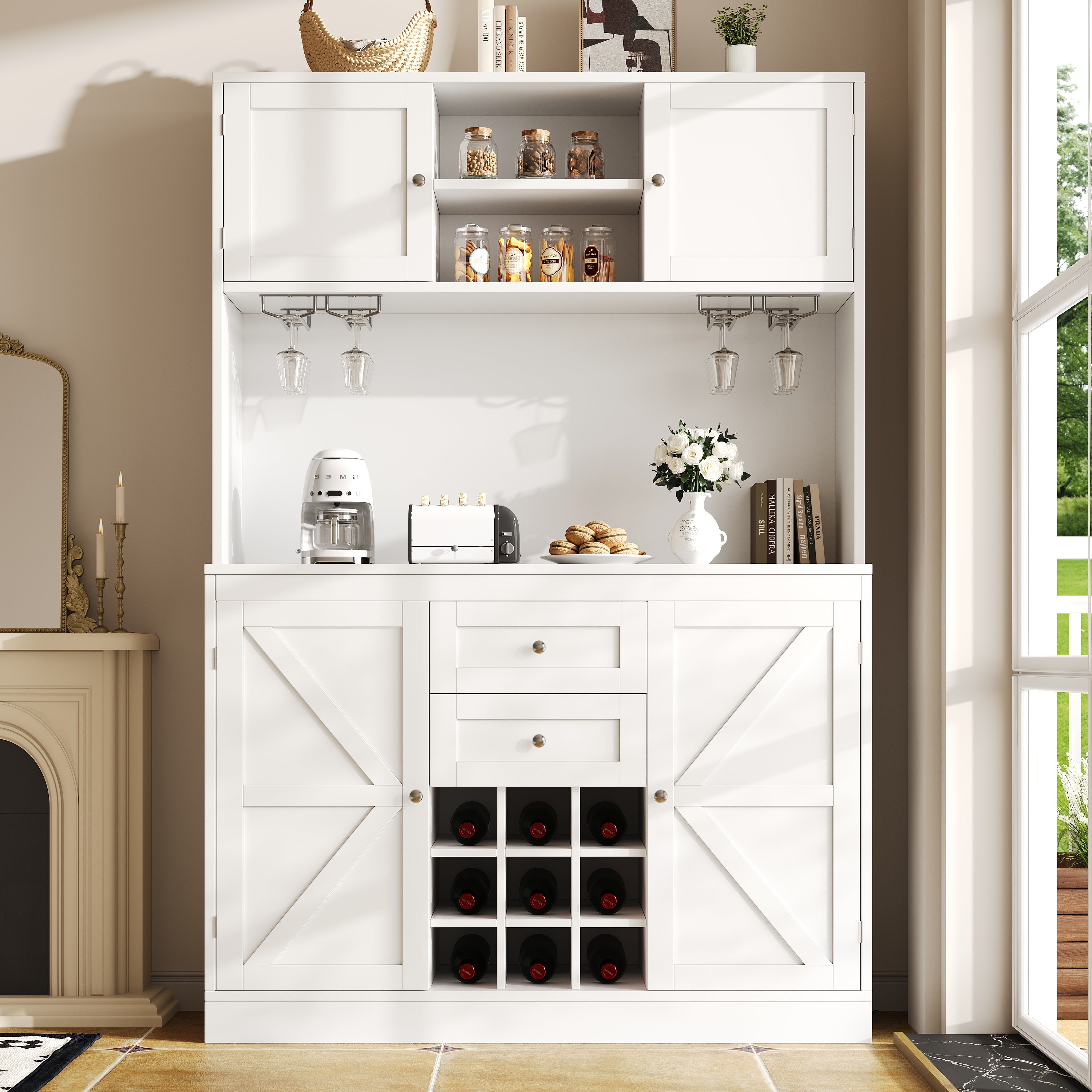 Kitchen Cabinet with Adjustable Shelves & Wine Rack, Tall Kitchen Cabinet with 4 Doors & 2 Drawers, Sideboard for Kitchen & Living Room, Buffet Cabinet, White/Balck