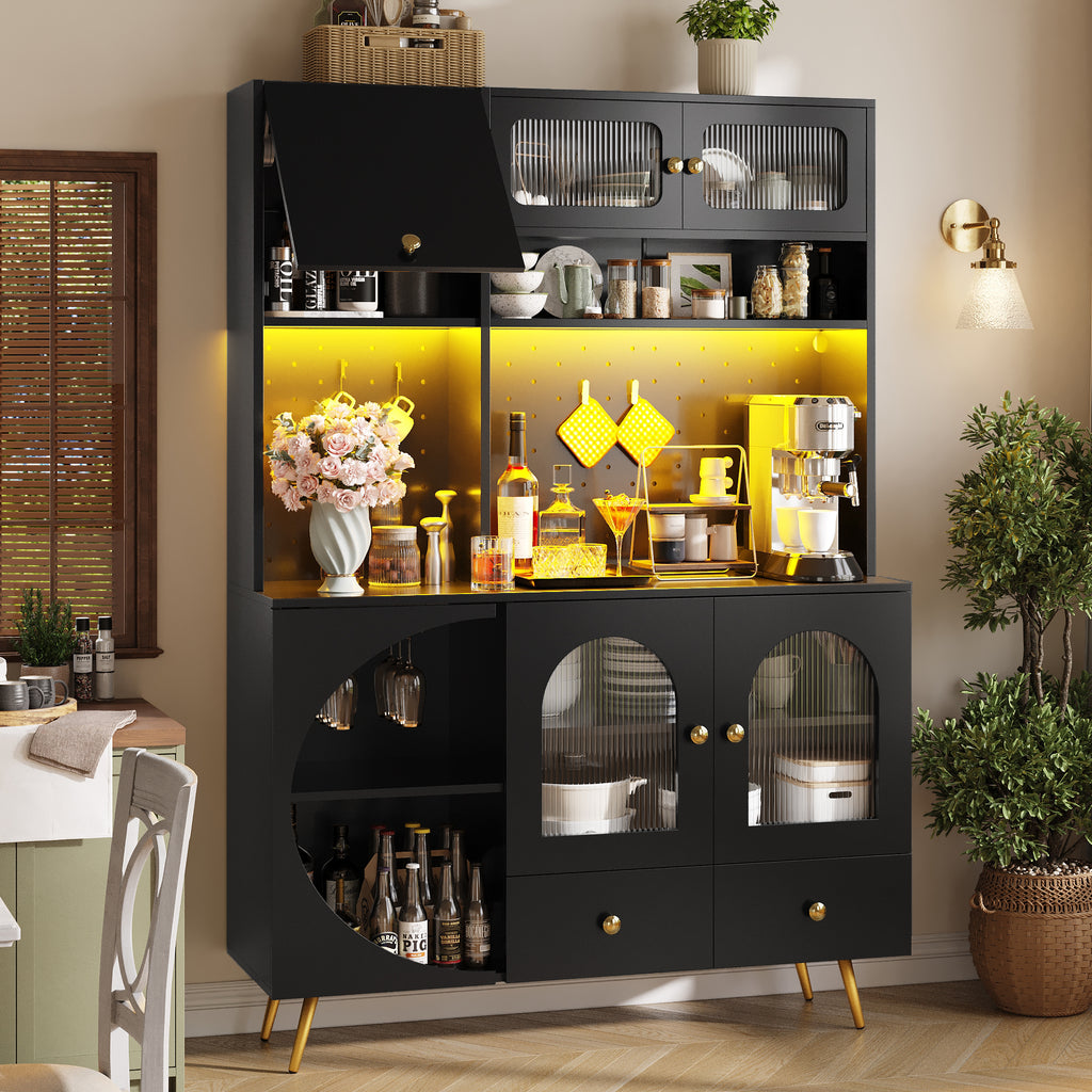 Tall Kitchen Cabinet with LED Lights & USB Ports, Modern Sideboard Storage Cabinet with Power Outlets, Perforated Wall, Drawer & Glass Shelves, for Kitchen & Living Room, 120x40x176 cm, Black