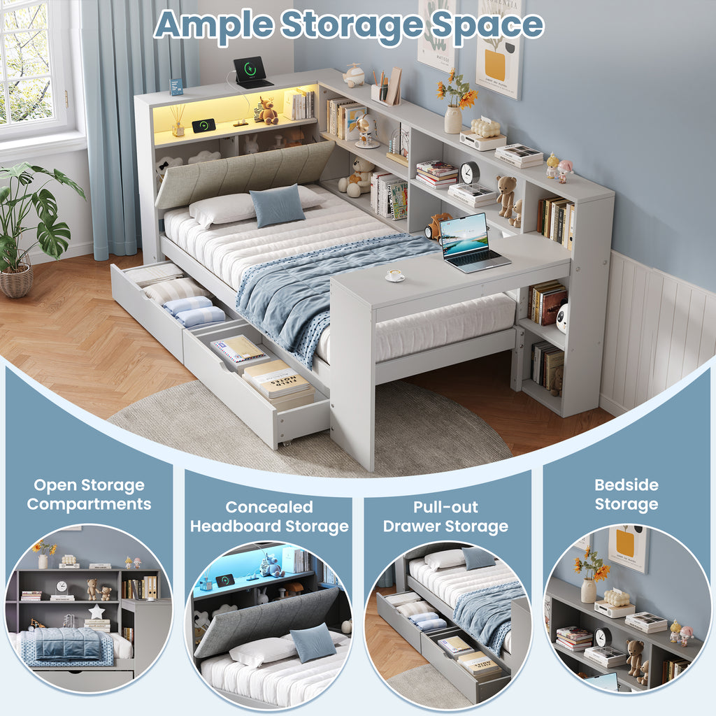 3ft Single L-Shape Daybed with Storage Drawers and Bookcase Storage, LED Linen Concealed Headboard Storage with Charging Station, Wood Bed for Living Room/ Bedroom/ Study Room, Grey (No Mattress)