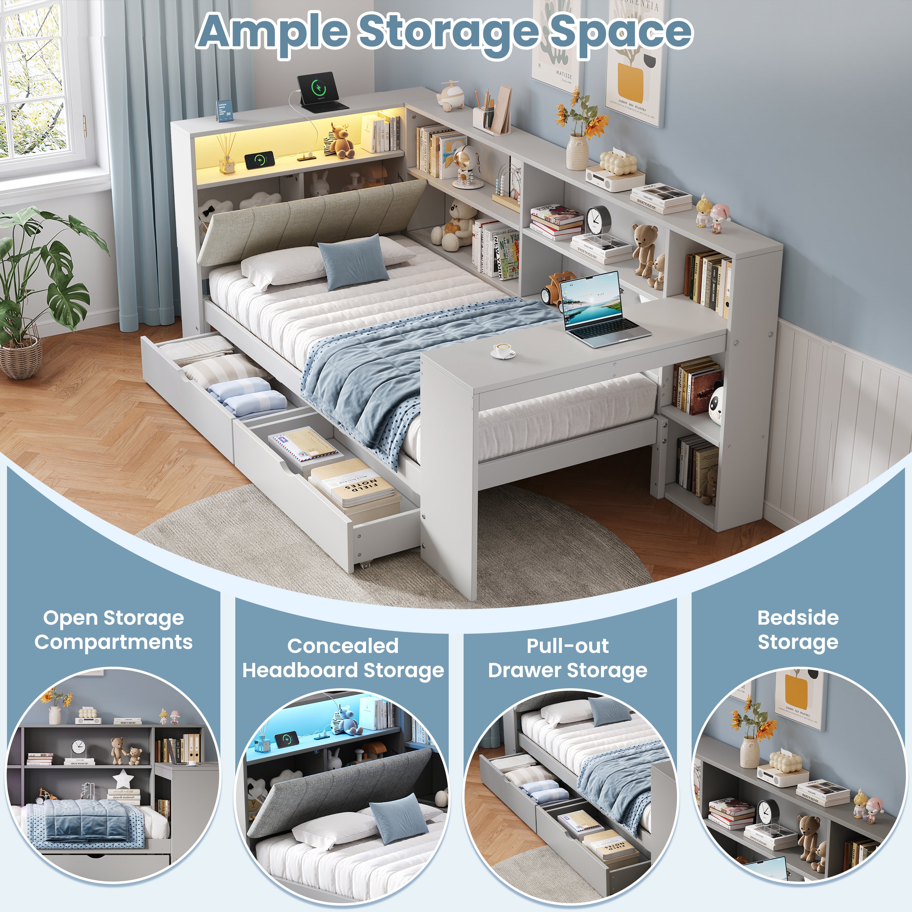 3ft Single L-Shape Daybed with Storage Drawers and Bookcase Storage, LED Linen Concealed Headboard Storage with Charging Station, Wood Bed for Living Room/ Bedroom/ Study Room, Grey (No Mattress)