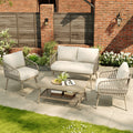 4 Seater Garden Set with Plastic Wood Storage Coffee Table, Polyester Rope Outdoor Set with Sofa and Armchairs, Weatherproof Outdoor Patio Sofa for Balcony and Terrace, Linen, Beige