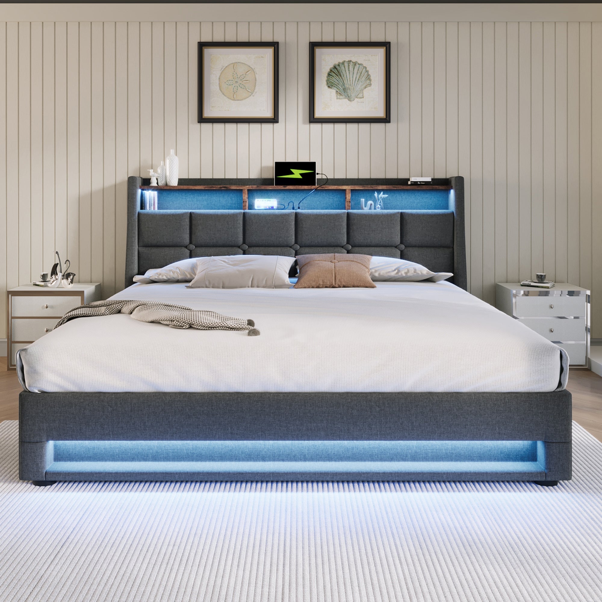 Upholstered Bed 150 x 200 cm with LED Lighting, USB Type-C Charging Function, Storage Headboard, 5FT King Size Storage Bed Frame with Metal Slatted Frame, Linen, Grey (No Mattress)