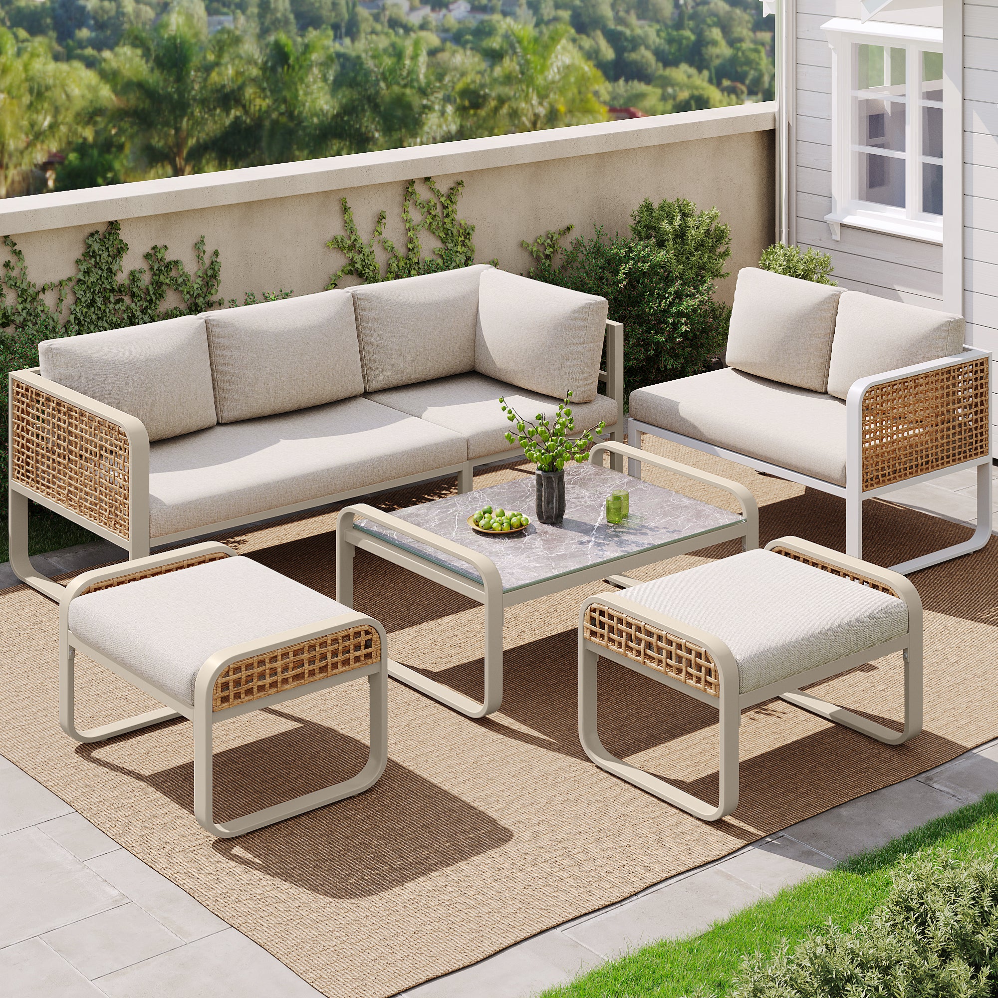 Outdoor garden lounge set, rattan furniture set for 6-7 people, corner sofa with galvanised iron frame, adjustable legs, includes all seat and back cushions, beige