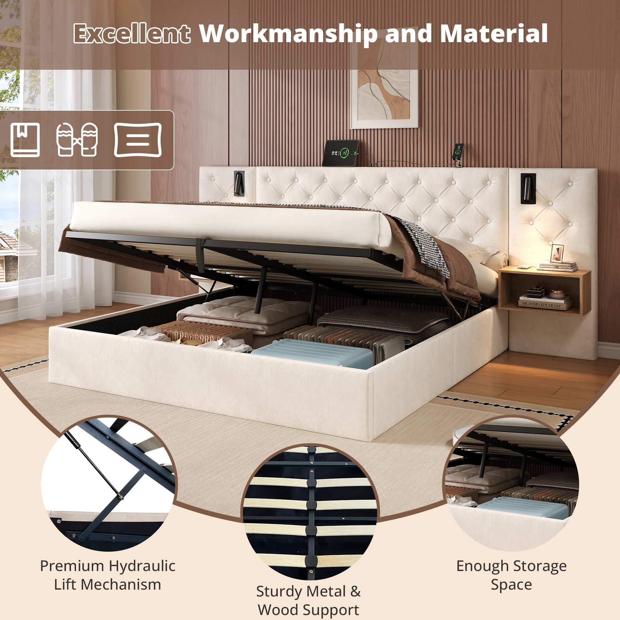 King Upholstered Bed with Charging Station, Velvet Hydraulic Storage Bed with Reading Light, 5ft King Bed Frame with Handmade Button Tufted Wide Headboard and Bedside Storage, Beige (No Mattress)