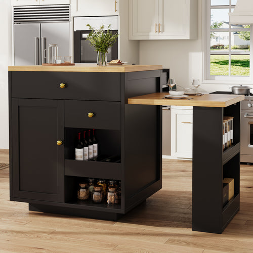 Extendable bar table with storage (122.5-195.5×70×93.8cm), with three drawers and wine rack, kitchen island with extendable table, for 2-6 people, kitchen dining cart with side shelves, black