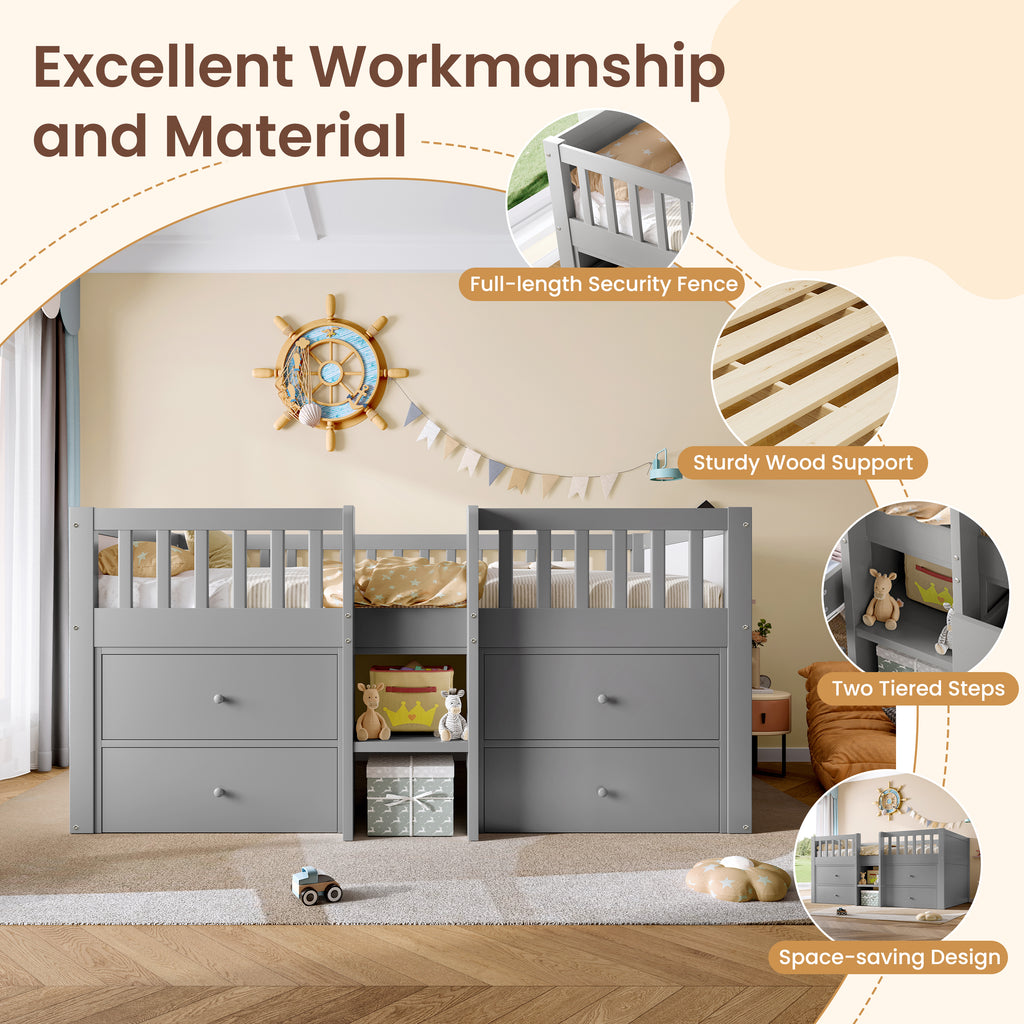 Low Loft Bed with Storage, Solid Wood Bed Frame with Drawer Storage, 3ft Single Bed with Guardrail, No Box Spring Needed, Saving-space Design for Bedroom, Modern Bed for Children, Grey (No Mattress)