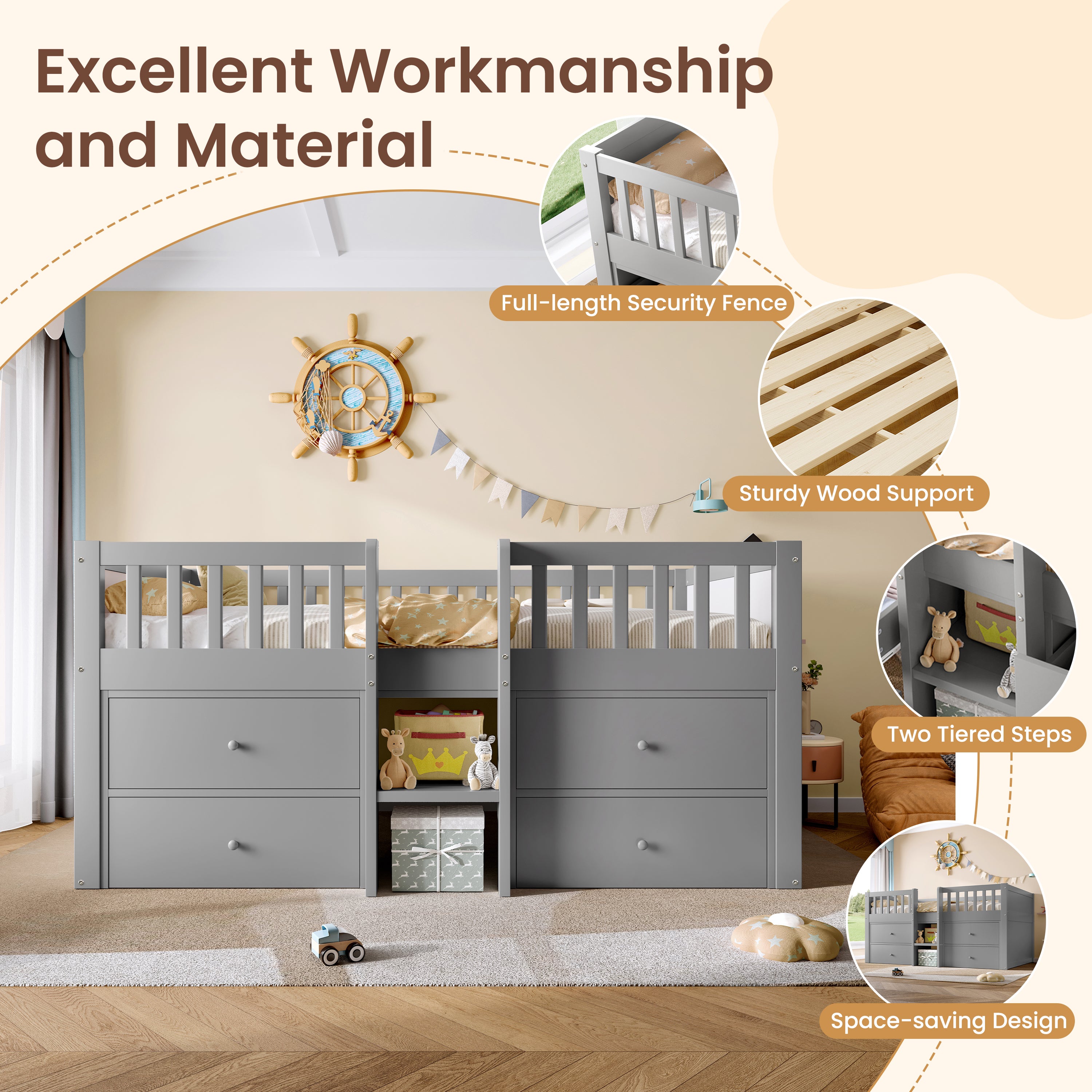 Low Loft Bed with Storage, Solid Wood Bed Frame with Drawer Storage, 3ft Single Bed with Guardrail, No Box Spring Needed, Saving-space Design for Bedroom, Modern Bed for Children, Grey (No Mattress)