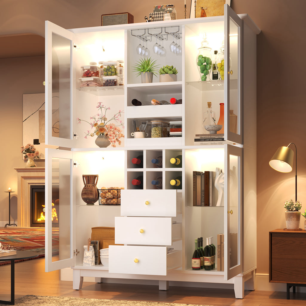 Wine Cabinet with App-Controlled LED Lights, 180.5cm Tall Storage Cabinet with Glass Doors, 3 Drawers, Wine Rack & Glass Holder, White