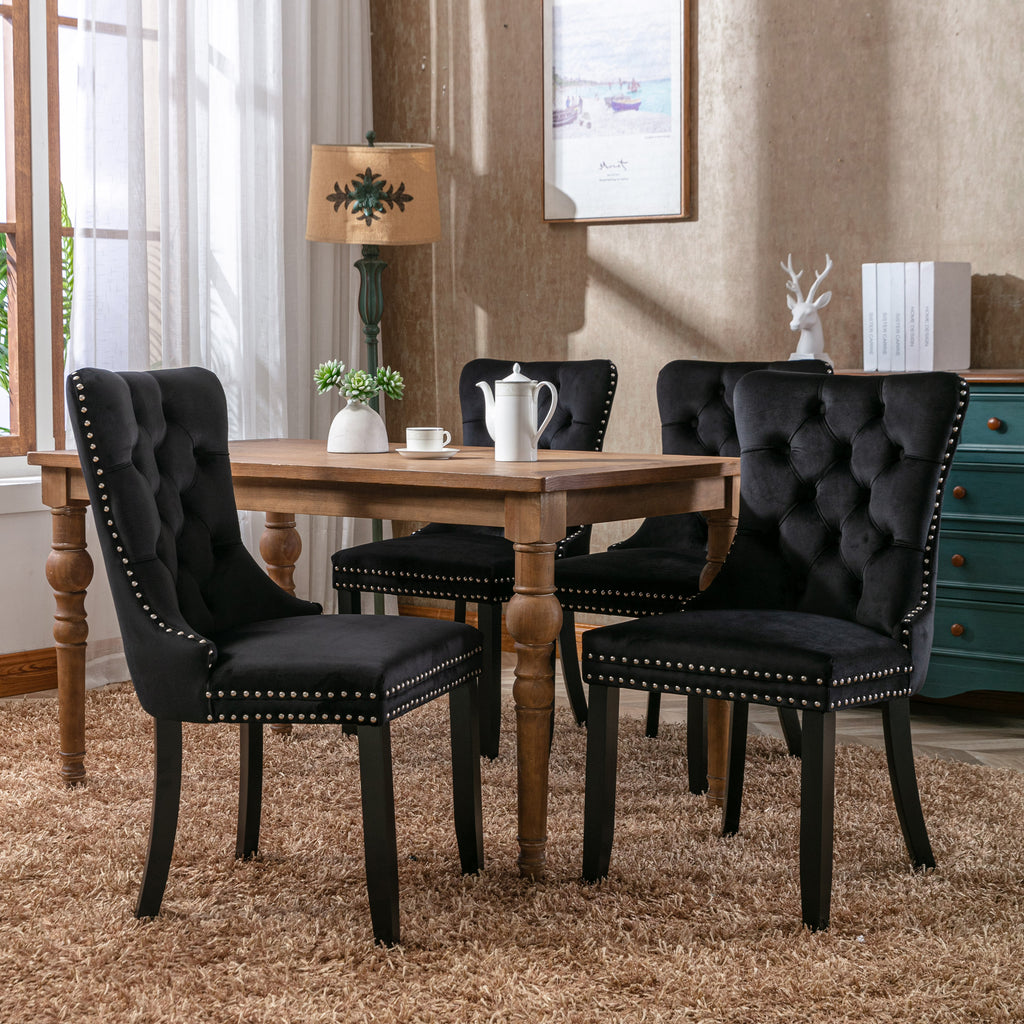 Modern Set of 2 Upholstered Velvet Dining Chairs, Button Tufted Kitchen Lounge Chairs with Solid Wood Legs, Riveted Trim and Knocker Ring, for Dining Room Living Room, Black