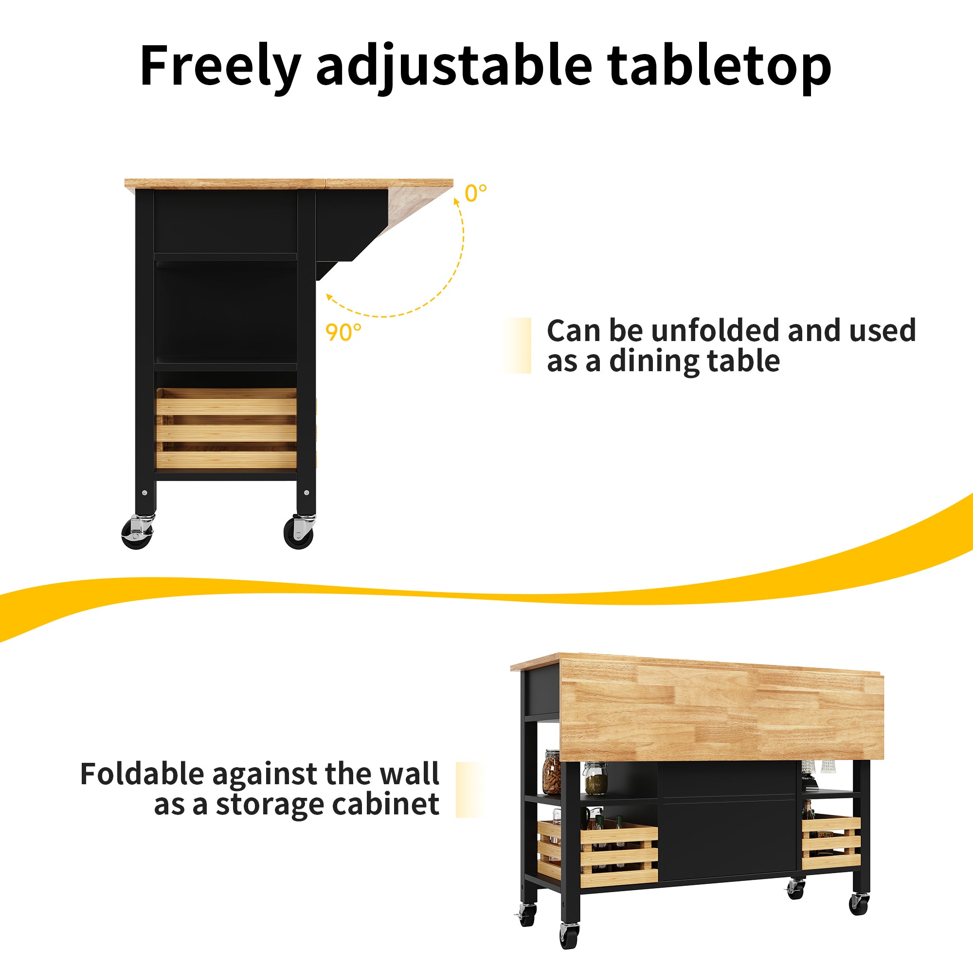 Rolling Kitchen Island Storage Trolley with Large Cabinet, 3 Drawers, Spice Rack, Adjustable Shelf, Dining Room Organiser Sideboard Cupboard Cabinet Cart, Black