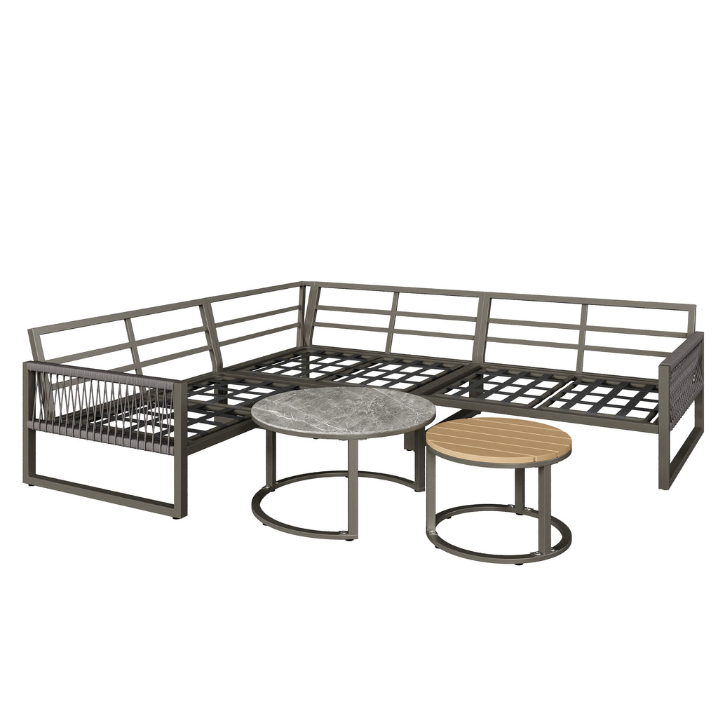 Outdoor garden lounge set, furniture set for 6-7 people, corner sofa with galvanized iron frame, adjustable legs, includes all seat and back cushions, grey