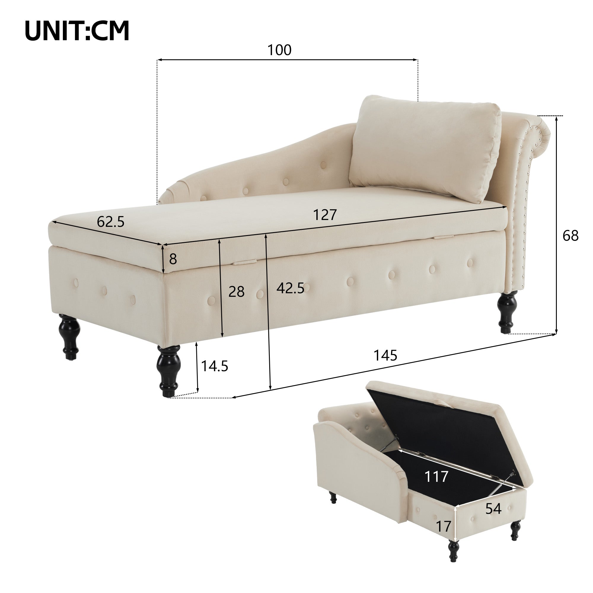 Velvet Chaise Lounge Sofa with Storage, Upholstered Chaise lounge Couch with Pillow for Living Room, Modern Nailhead-Trim & Button-tufted Lounge Chair, Bedroom and Office, Right Armrest