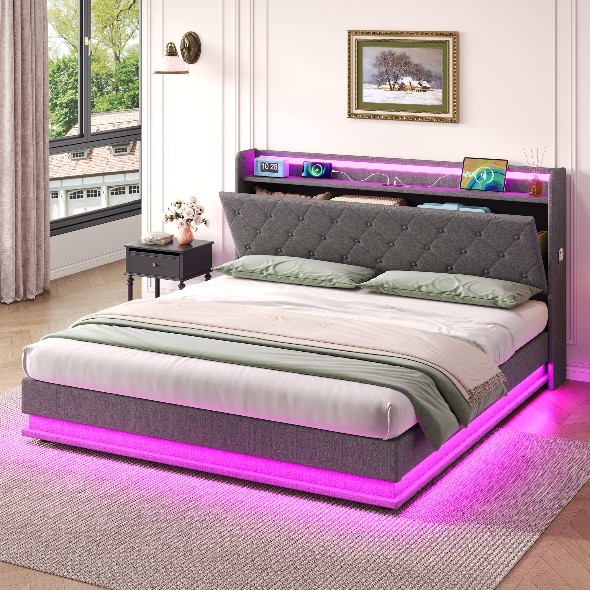 4ft6 Double Upholstered Bed Frame with Hydraulic Storage,  LED Button Tufted Headboard with Charging Station and Concealed Headboard Storage, USB and Type - C Ports, Linen, Grey (No Mattress)
