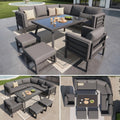 Crescent-shaped garden sofa set for 8 people / Sturdy iron frame with grey cushions / Complete with glass table, 1 armchair & 2 stools / Weatherproof patio furniture for balcony