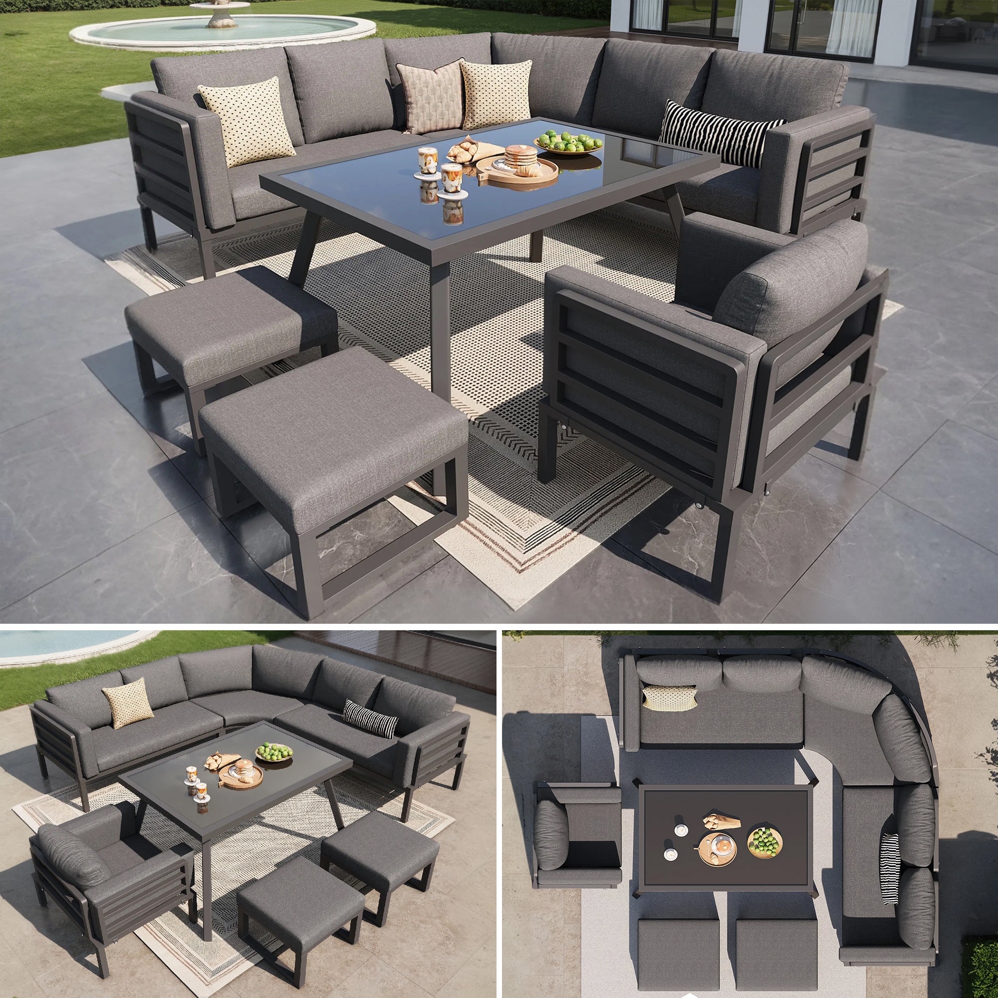 Crescent-shaped garden sofa set for 8 people / Sturdy iron frame with grey cushions / Complete with glass table, 1 armchair & 2 stools / Weatherproof patio furniture for balcony